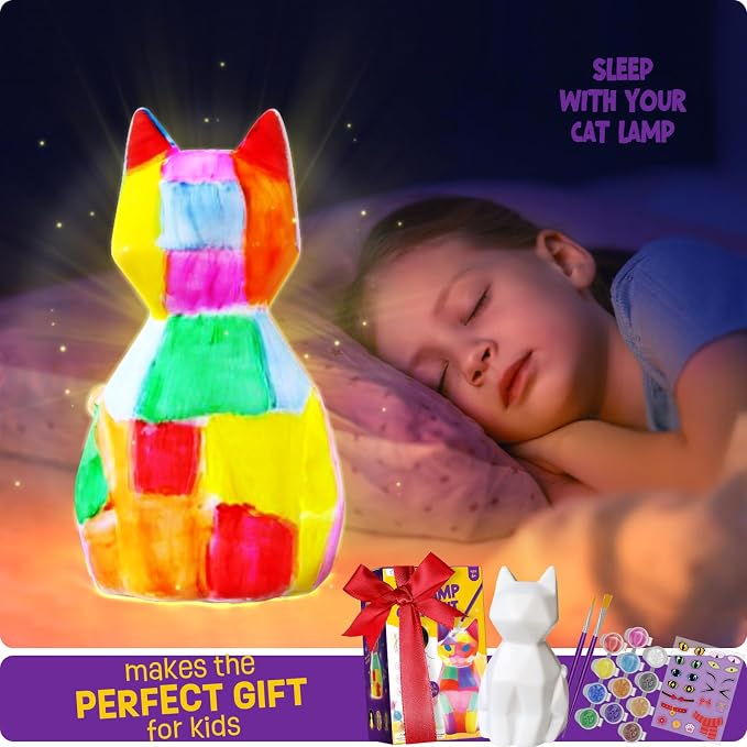 Paint Your Own Cat Lamp Kit, Crafts for Kids Ages 6-12, Gifts for Girls Boy | Cat painting kit with paints and 3D night light; arts and crafts activity, room decor and birthday gifts for kids ages 6-12