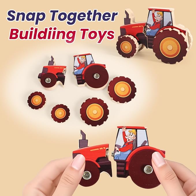 HUZU Farm Snap Wooden Blocks – Montessori Building Toy for Toddler Kids, Moving Wheels Tractor, Lockable Door Barn, Mix & Match Farm Animals Duck Bee Owl Chick Snail, Stocking Stuffers for Grandkids