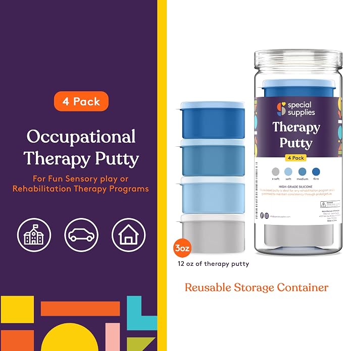Special Supplies Therapy Putty for Kids and Adults - Resistive Hand Exercise Stress Relief Therapy Putty Kit, Set of 4 Strengths, Three Ounces of Each Putty