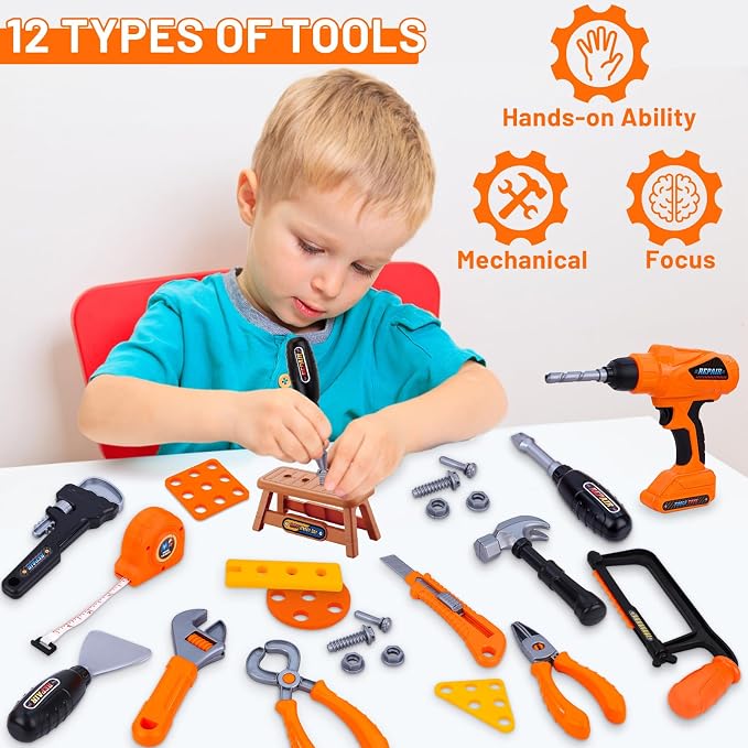 MAGIC4U 50PCS Kids Tool Set wtih Electric Drill, Safety Vest, Hat, Goggles | Pretend Play Construction Costume Toy, Tape Measure 12 Tool Equipements, Realistic sounds, Toddler Tool Box for Boy Girl