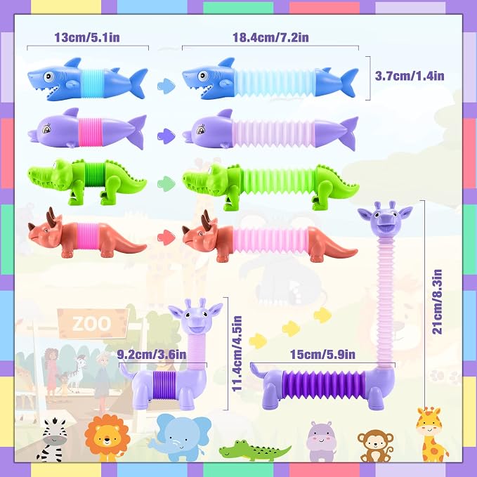 Delighkidz Animals Fidget Toys for Toddlers: 6 Pack LED Animal Pop Tubes for Kids 3 4 5 6 7 8 Year Old Girls Boys Toddler Birthday Gifts Autism Sensory Toy for Grandkids Age 3-8 Tube