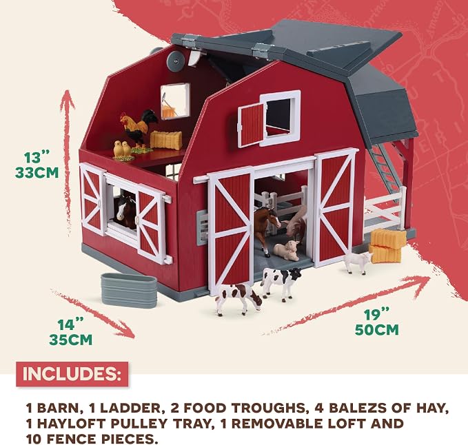 Terra by Battat – 20 Pieces Wooden Animal Barn Toy Set – Farm Animals & Play Fence – Pretend Play for Toddlers & 3+ Years – Educational Toys – Farmhouse Playset | Wooden farm toy set with 1 barn, 10 fences, ladder, 4 hay bales, 2 troughs, pulley tray a...