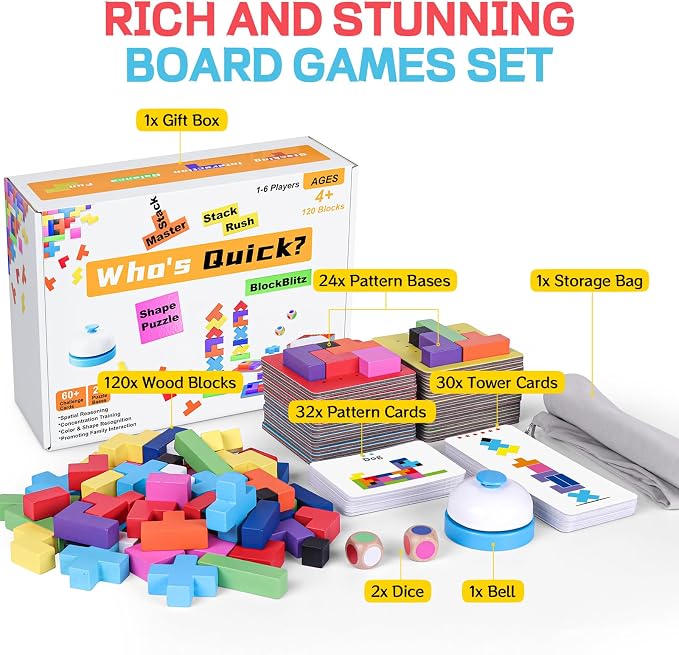 Wooden Block Stacking Games 120Pcs, 1-6 Players, Ages 4+ | 4 More Ways Play Fast-Paced Building Block Game for Party Game Night, Classroom Challenging Board Games for kids