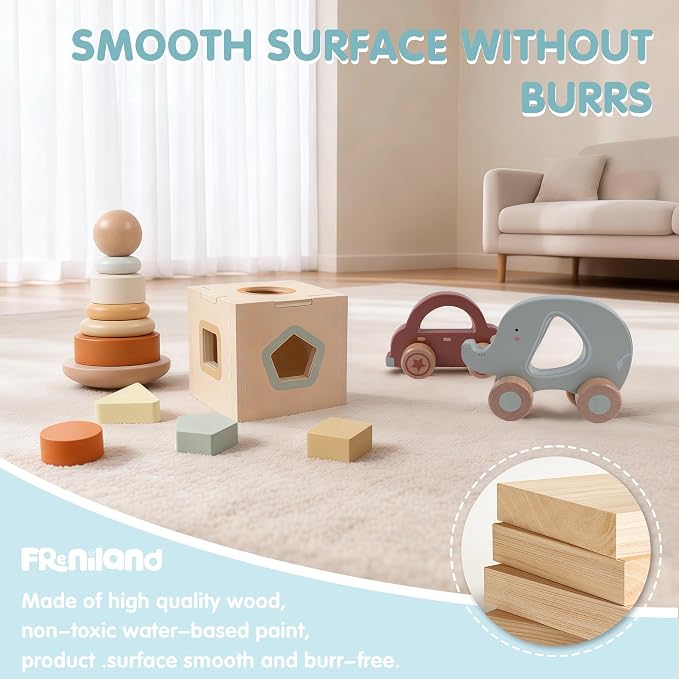FReniland Wooden Baby Toy Set for 12M+, Montessori Grasping & Stacking Toys, Elephant & Car Sensory Toys, Natural Wood Fine Motor Skill Development Gift for Boys & Girls