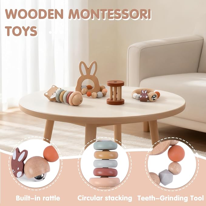 Freniland Wooden Baby Toy Set, Montessori Grasping Toys for Infants 10M+, Bunny & Bear Themed Natural Wood Sensory Toys, Fine Motor Skill Development Gift for Boys & Girls