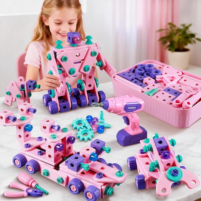 VEAIS Pink Kids Tool Set for Girls,Tool Set with Drill &Toolbox,STEM Montessori Toys for 3 4 5 Year Old,Pretend Play Kid Toy,Educational Construction Toy for 3-6 Year Old Girl,Birthday Gift for Kids