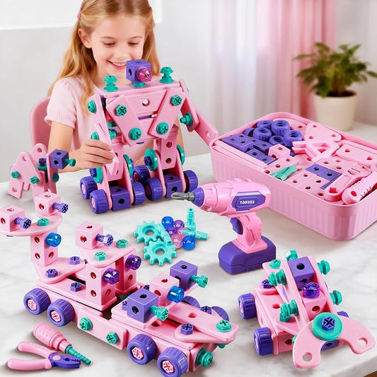 VEAIS Pink Kids Tool Set for Girls,Tool Set with Drill &Toolbox,STEM Montessori Toys for 3 4 5 Year Old,Pretend Play Kid Toy,Educational Construction Toy for 3-6 Year Old Girl,Birthday Gift for Kids