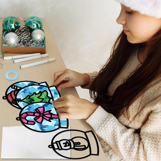 Qyeahkj 36 Set Winter Christmas Suncatchers Craft Kit for DIY Santa Snowman Reindeer Globe Tissue Paper Craft Kit Hanging Decor for Xmas Home Activity Art Project Birthday Party Favor Gift
