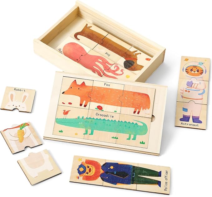Wooden Animal & Career Matching Puzzles for Ages 3+, Chunky Pieces with Storage Box, Montessori Preschool Learning Toy for Fine Motor & Vocabulary, Birthday
