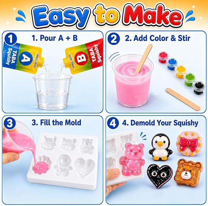 VMNlooking Taba Squishy Kit for Kids, DIY Squishy Making Kit with Cute Molds, Make Your Own Squishies Craft Kit, Soft Sensory Squeeze Toys, Arts and Crafts Gift for Girls Boys Ages 8-15