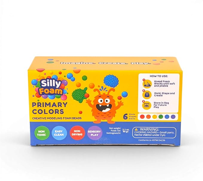 Silly Foam, Creative Modeling Foam Beads, 2-Pack of 6 Primary Colors, Easy Clean Up, Perfect for Preschool and Kids, Arts & Crafts, Sensory Play, STEM, Travel Toy, Holiday Gifts, Non-Toxic (Age 3+)