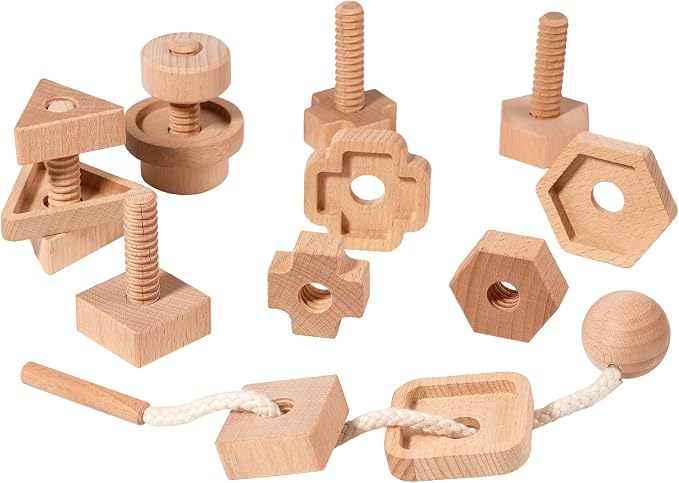 Wooden Screw and Nut Playset for Kids Ages 3,4,5，Montessori Shape Sorting Toy, Lacing Beads, Preschoolers Activities, Building Construction Screw Matching, for Boys Girls