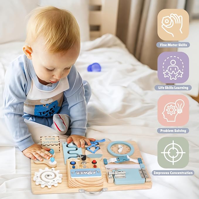 Joyreal Wooden Busy Board for Toddlers, 10-in-1 Montessori Sensory Toys with Music Box, Activity Learning Board with Door Hidden Mirror, Educational Travel Toy for 1 2 3 Year Old Boys Girls