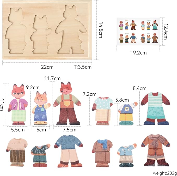 Wooden Dress-Up Puzzle for Ages 3+, Fox Family 17 Mix-and-Match Pieces with Storage Box, Montessori Matching Toy for Fine Motor & Imaginative Play, Birthday