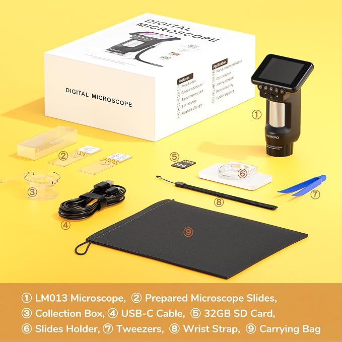 LM013 Digital Microscope for Adults Portable, Kids Handheld Microscope Camera with 2.8" Screen, Coins Magnifier with 8 LED, PC View, 32GB