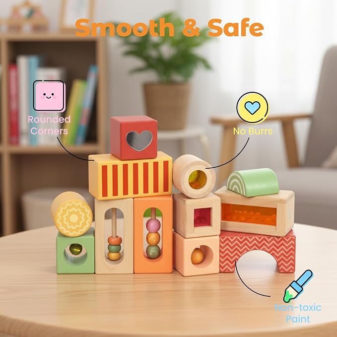 Fun with Sounds Wooden Discovery Blocks for Toddlers with Acoustic Sounds, Toddler Toys for Preschool Learning Activities (Red)