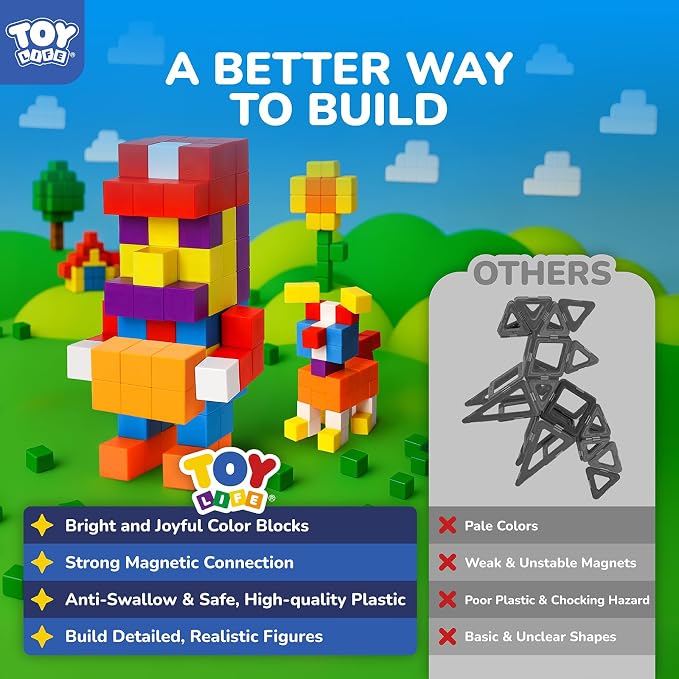 TOY Life Primary Magnetic Blocks, 80-Piece STEM Set, Ages 3-8 | bright ABS cubes, storage bag and idea guide, strong connections, creative play