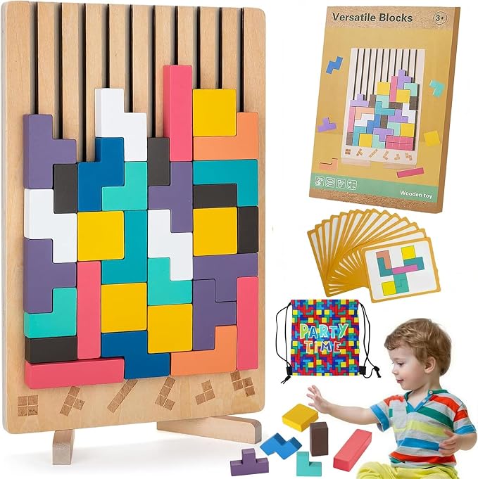 Montessori Brain Blocks Kids Wooden Stacking Toys 3D Tetris Puzzles | 42 PCS Colored 3D Russian Block Puzzle with Cards & Bag, Educational Montessori Toys Jigsaw Stack Game Board for 3-8 Year Old