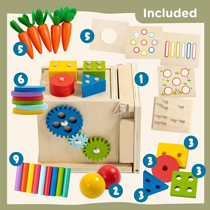 Nene Toys 7-in-1 Montessori Toy for 1 Year Old Baby – Wooden Activity Cube with Carrot Harvest, Shape Sorter & Stacking, Coin Box, Ball Drop, Gears & Clock – Gift for Toddler Boys & Girls 1 2 3 Years