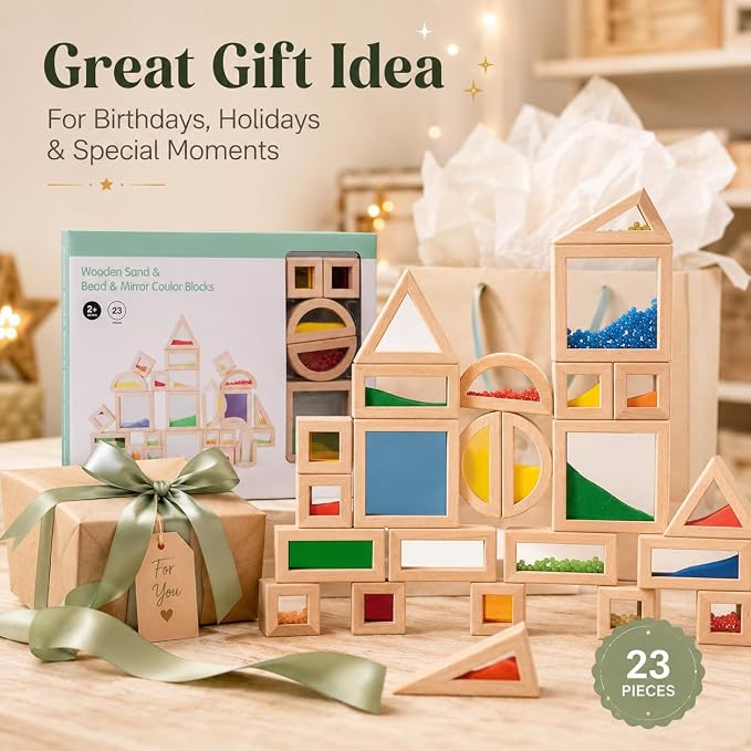 23 Pcs Rainbow Wooden Sensory Building Blocks for Toddlers,Gift for Kids | Colorful Geometric Stacking Toys with Beads, Sand & Mirror Blocks, Montessori STEM,Preschool Learning Educational Toys