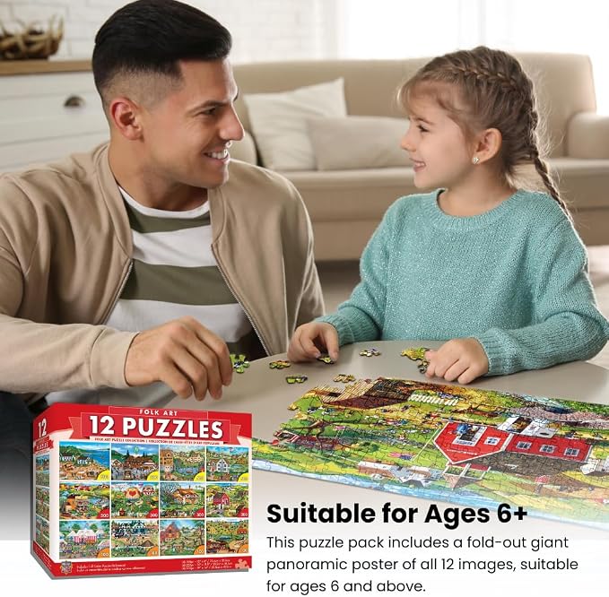 MasterPieces Jigsaw Puzzle 12-Pack Bundle Set, Folk Art by Alan Giana, Multi-Pack for Adults & Kids, Eco-Friendly
