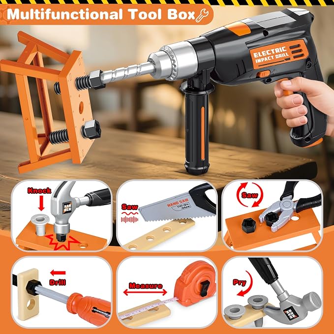 Kids Tool Set with Electronic Toy Drill, 41 Realistic Toy Tools with Tool Box for Toddler, Pretend Home Tool Kit & Drill Sets, Kids Construction Toys, Birthday Gifts for 3 4 5 Years Old Boys Girls