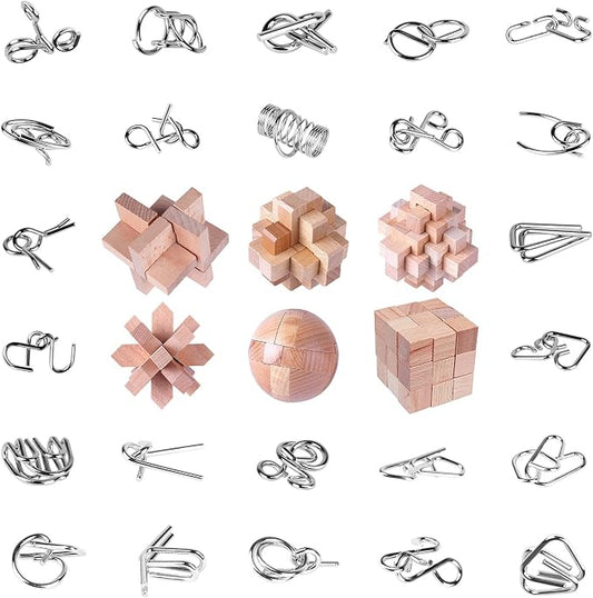 RLYLF 30Pcs Mind Wooden and Metal 3D Puzzles | Brain Teaser Puzzles Games Educational Toys Unlock Interlock IQ Box
