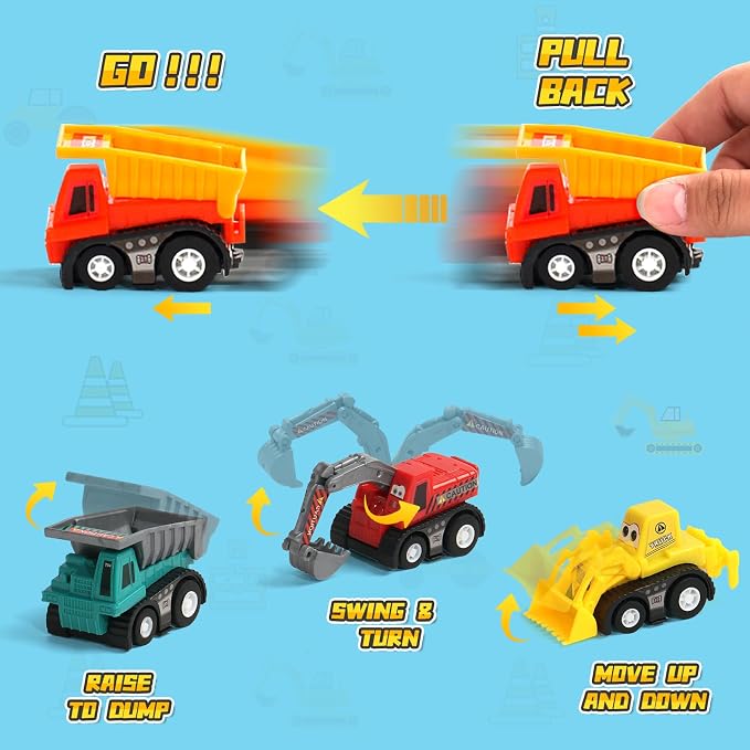 Fajiabao Construction Toy Cars for Toddlers 3+ Mini Pull Back Cars Boy Toys | Small Truck Sensory Bin Bulk & Goodie Bag Stuffers Party Favors for Kids 3-5 Gifts for Boys & Girls (Color Random)