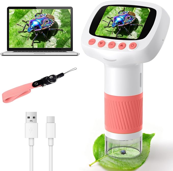 Pocket Kids Microscope for Over 3 Years Old, 1000X Handheld Microscope for Kids w/2''IPS Digital, Photo Video Mini Portable Microscopes, Science Edu Digiscope,Christmas Birthday Gifts for Kids