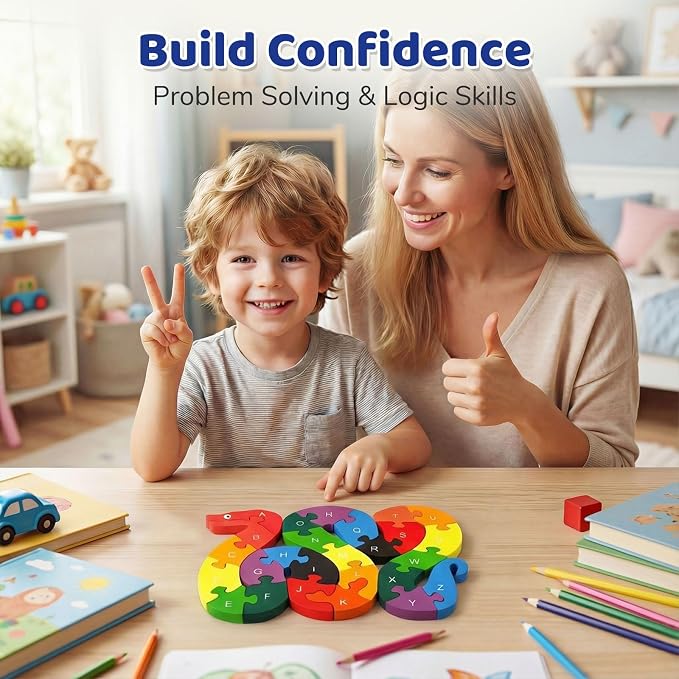 LovesTown Wooden Double Sided Snake Puzzle | Alphabet & Numbers, Educational Toys, Chunky Animal Design, For Toddlers, Great Learning Gift