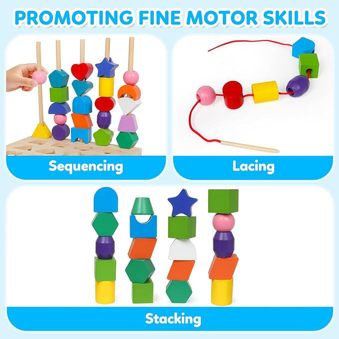 ROOCHKD Wooden Sorting Toy Lacing Beads Sequencing Toy for 3yrs+ | Preschool Learning toy, Class Activity, Toddlers Fine Motor Game, Colors &Shapes sorting, Educational Gifts