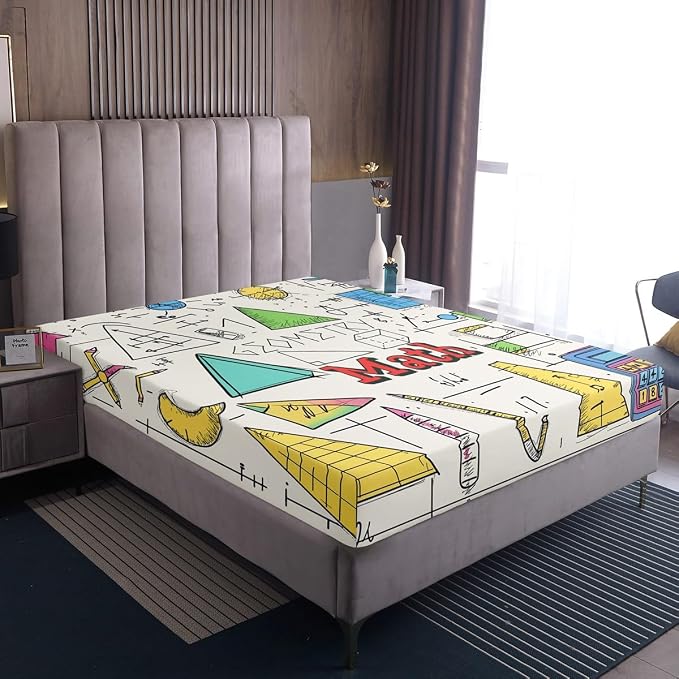 Math Bedding Sets Math Equations Geometric Axis Art Bed Sheets for Kids Toddler,Compasses Calculator School Supplies Fitted Sheet Twin,Mathematics Formula School Educational Dorm Room Decor