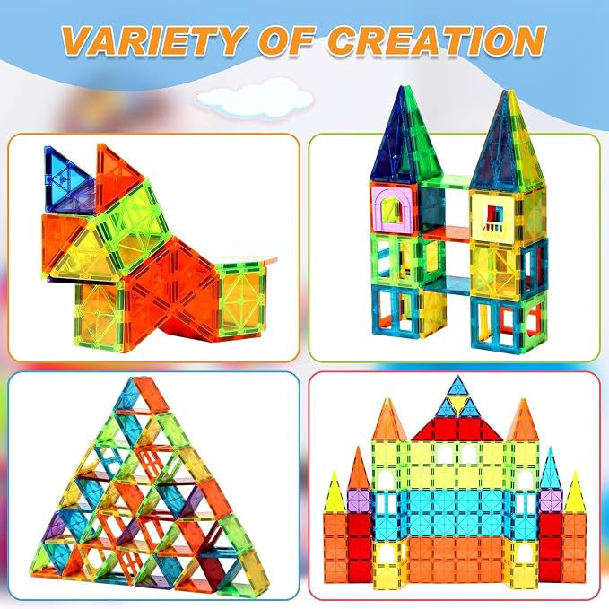 OugerToy 32-Pack Magnetic Tiles–Rainbow Builder Set | 2.95in STEM Construction Kit with Transparent Windows, Expand Creative Play for Kids