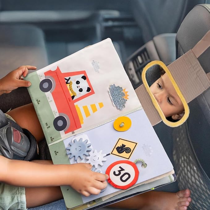 Taf Toys Car seat Toys Busy Book for Toddlers 1-3, Montessori Quiet Activity Books Travel Toy with 15 Activities - Montessori Toys Busy Board for baby - Boy Toys Girl Birthday Gift Travel activity car