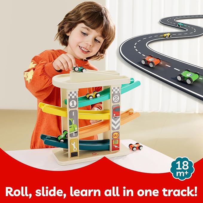 TOP BRIGHT Toddler Toys for 2 Year Old Boy, Wooden Car Ramp Race Track Set | Car Toys for Toddlers 1-3 with Cars and a Garage, Montessori Toys for 12 Year Old Boy Girl,Birthday Gift for Age 18+ Month