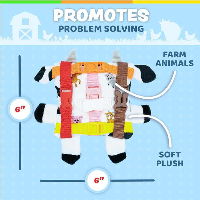 Buckle Toys, Bessie Cow, Develop Motor Skills and Problem Solving | Montessori Learning Activity Travel Toy for Toddlers, Develop Motor Skills and Problem Solving