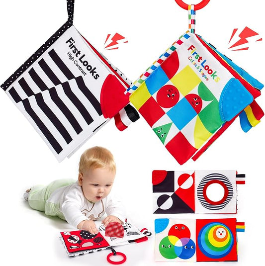 hahaland Baby Books 0-6 Months - 2PCS Infant Tummy Time Babies Toy | Newborn High Contrast Visual Development Sensory Book Baby Girl Boy Shower Birthday Easter Basket Stuffers