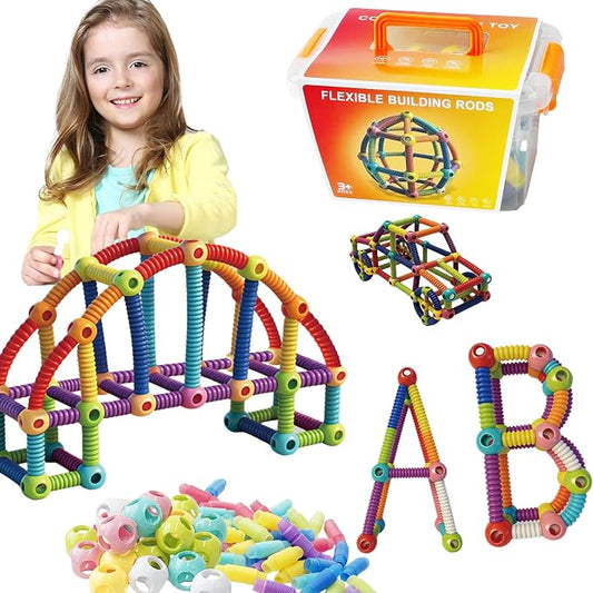 86PCS Flexible Building Rods for Kids Ages 3+, STEM Construction Toy with Bendable Rods & Connectors, Creative Building Set with Storage Box, Educational Toy for Boys & Girls