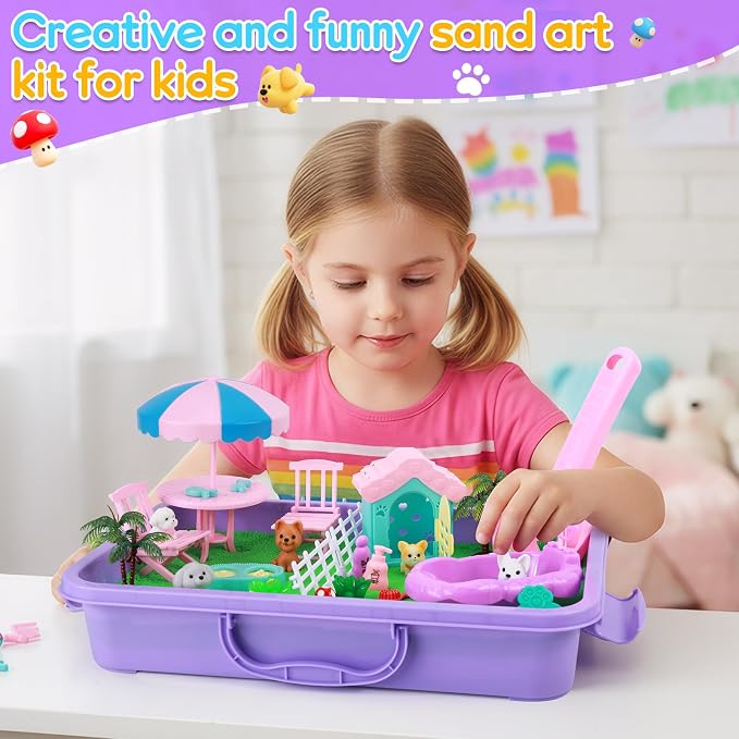 Mikiwon Pet Sensory Bin, Dog Sandbox Play Sand Art Kit with 1.1lbs Sand, Pet Care Sand Set, Sensory Play for Girls Boys Age 3+, Role Pretend Play Beach Toy for Kids Xmas Birthday Gifts