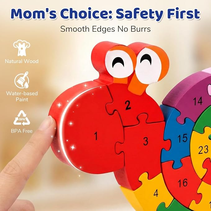 LovesTown Wooden Puzzles, Snail & Dinosaur, Double-Sideld | Alphabet & Number Learning, Montessori Toy, for Kids, Shape Recognition, Fine Motor Skills, Screenless Play