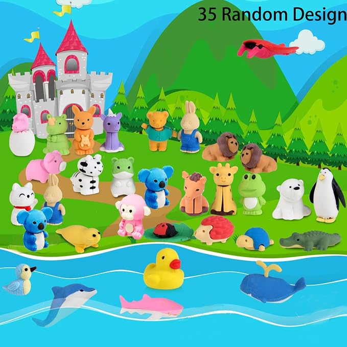 URSKYTOUS 35Pcs Animal Erasers Desk Pets for Kids,Classroom Prizes | Bulk Pencil Puzzle Erasers for Back to School,Treasure Chest,Goodie bag stuffers,Easter Egg Fillers,Stocking Stuffers