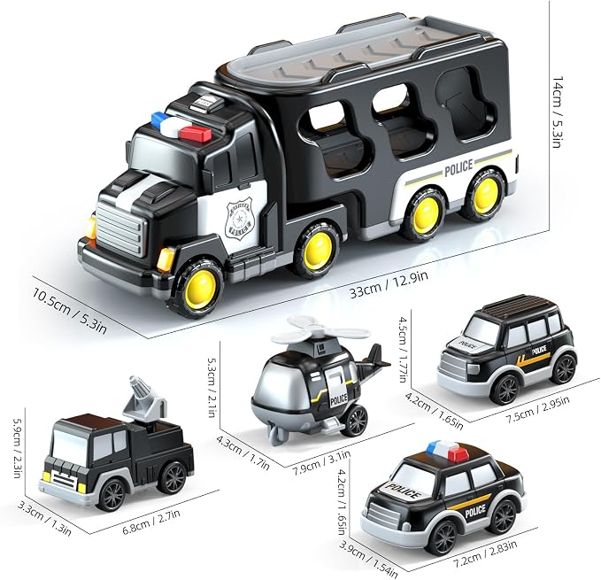 Beby Buty 5 in 1 Police Trucks Cars Toys for Toddlers 3-5, Boy Toddler Car Truck Toys with Light Sound, Birthday Gifts Toys for 3 4 5 6 Year Old Boy, Transport Carrier Truck for Toddlers 3-5 Years