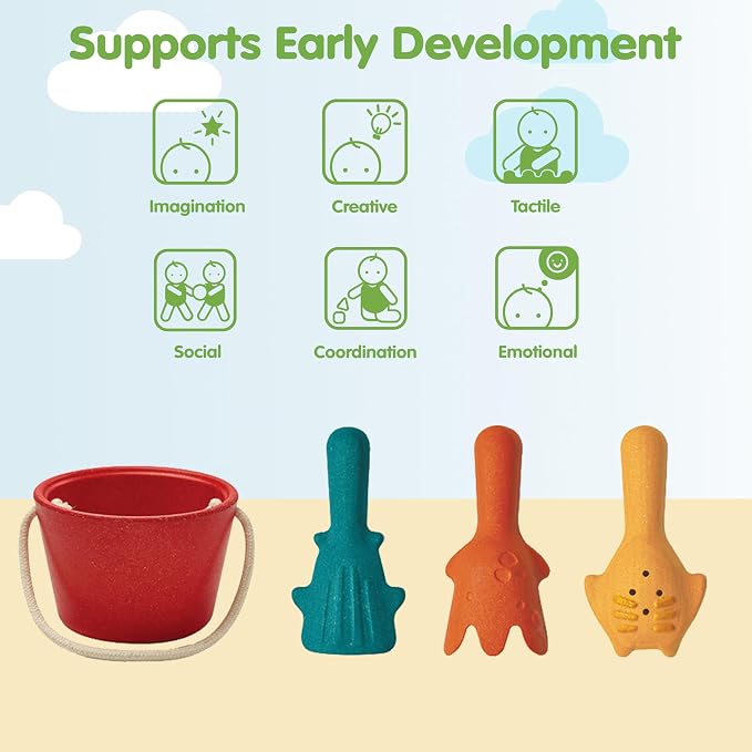 PlanToys® Sand Play Set Wooden Montessori Outdoor Sensory and Fine Motor Toy | Creative, Tactile and Imaginative Beach Learning Activity | Eco Friendly Sand Tools for Open Ended Play