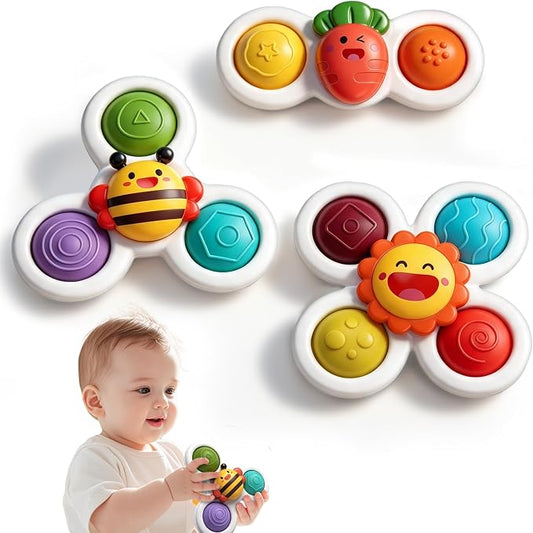 3PC Suction Spinner Toys for Babies 12 Months, Bath & Window Suction Toys, Airplane Travel Activities, Montessori Sensory Fidget Toys, Easter Basket Stuffers Gifts for 1 Year Old Boys Girls