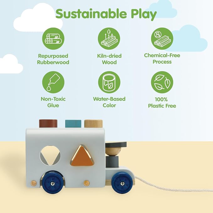 PlanToys® Wooden Shape Sorting Bus Toy for Kids Ages 3+ Montessori Play Set | pull along toy, shape sorter, color learning, girls, boys, fine motor coordination educational gift for toddlers age 3+