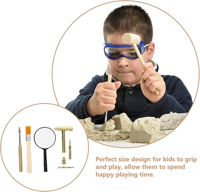 Toddmomy Golden ABS Kids Fossil Dig Kit Hammer Brush Magnifier 5.9in | Supports paleontologist role play, smooth finish for comfortable handling, interactive science exploration, classroom tool