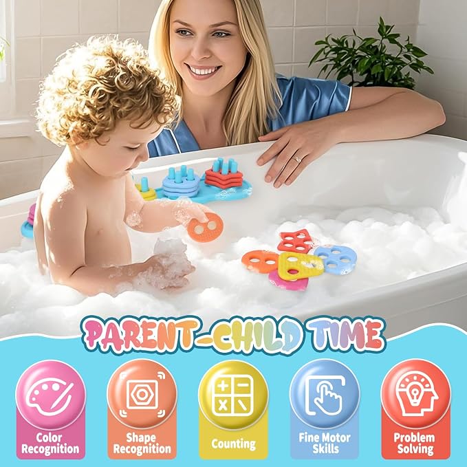 Baby Bath Toys, Mold Free Silcone Shape Sorting & Stacking Bath Toy Set | with 20 Textured Floating Puzzle Toys, No Hole Design, Soft Color & Shape Sorter for Toddler Early Learning Bathtub Fun