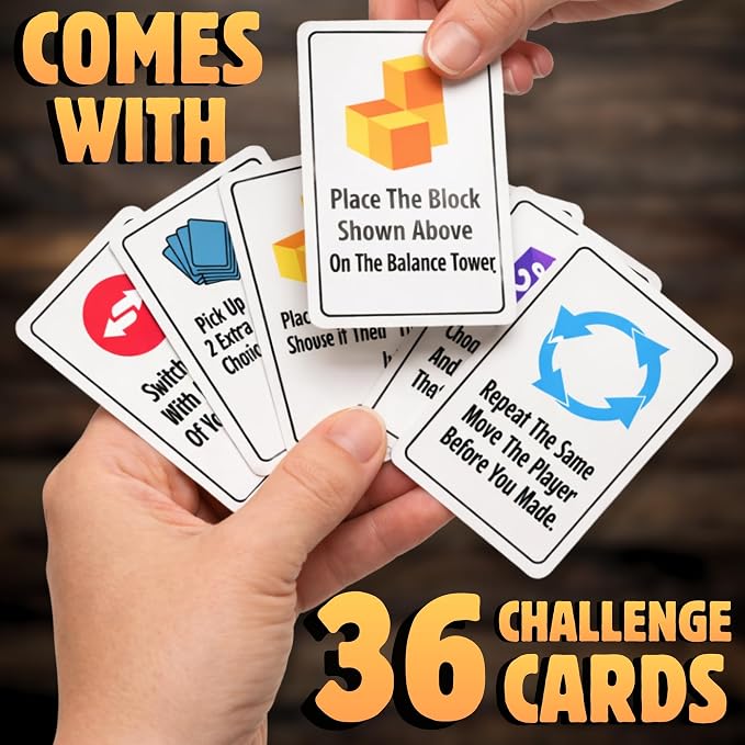 Stack Attack XL Family Tower Game, Giant Balance Game for All Ages | 100 pieces, 36 challenge cards, giant tabletop game, family game night, balance stacking fun, gift for kids and adults