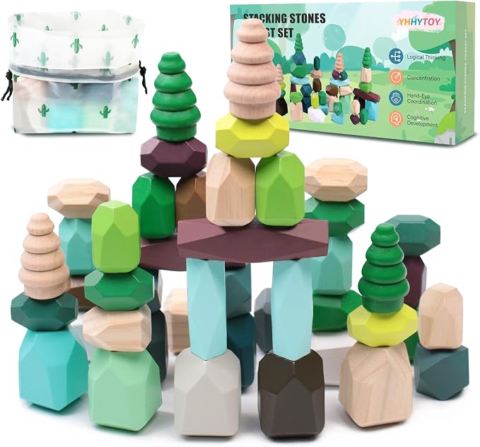 YHHYTOY 40Pcs Montessori Wooden Stacking Rocks Building Blocks Forest Theme | Preschool Sensory Learning Balancing Stacking Games Educational STEM Toys, Birthday Gifts for 3 4 5 Year Old Boys Girls Kids