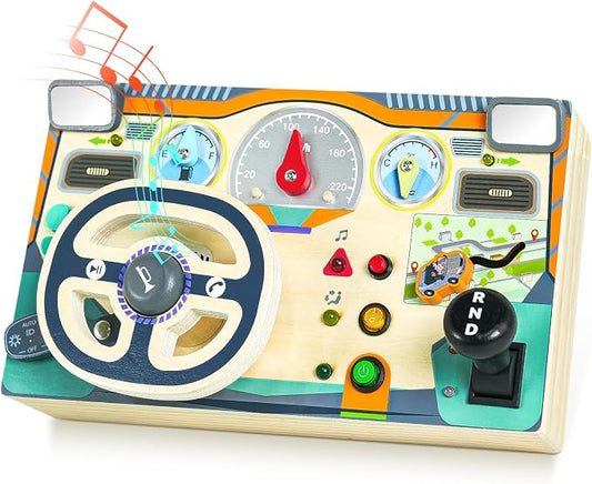 Busy Board for 1 2 3 Year Old, Montessori Toys Wooden Toddler Sensory Toy | Busy Board with LED Lights Sound Switch, Activity Travel Toy, Steering Wheel,Toddler Toy Christmas Birthday Gift for Boy Girl